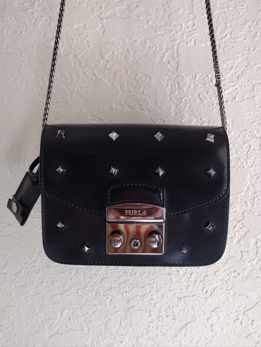 Furla Black Glossy Leather and Suede Studded Chain Metropolis Bag